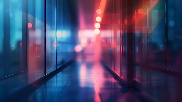 Blurred NeonLit Futuristic Office Corridor with Dramatic Lighting