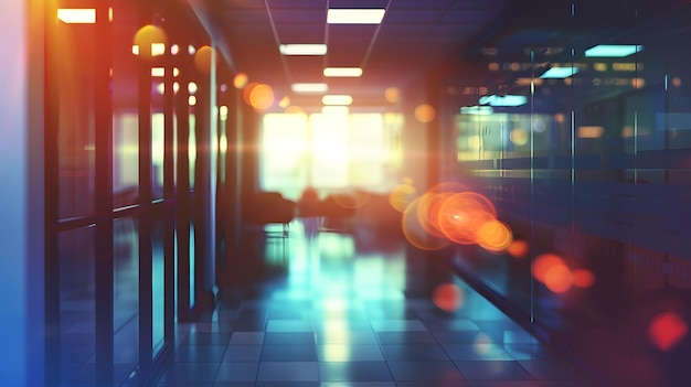 Blurred office hallway with dark lighting and bright color accents