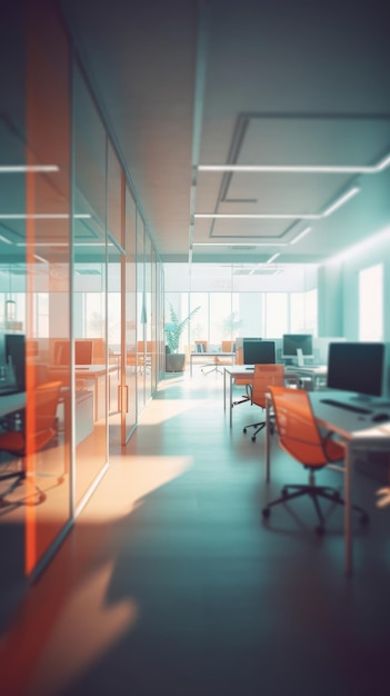 Blurred office room interior with defocused effect blurred workspace business concept Generative AI