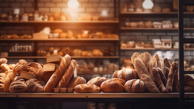 Blurred organic ecofriendly vegan grocery bakery store with wooden wall parquet floor Generative AI