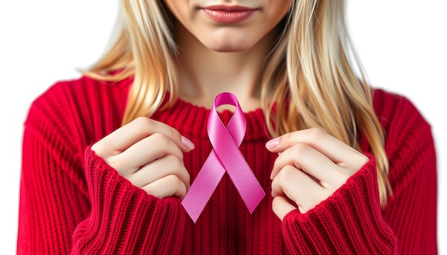 Blurred pensive serious beautiful caucasian blond woman in warm red sweater holding pink ribbon