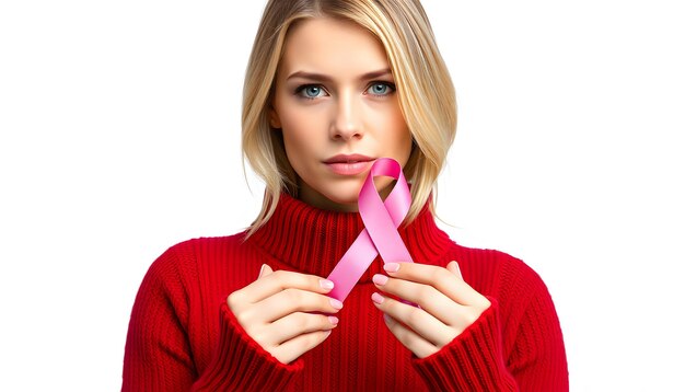 Blurred pensive serious beautiful caucasian blond woman in warm red sweater holding pink ribbon