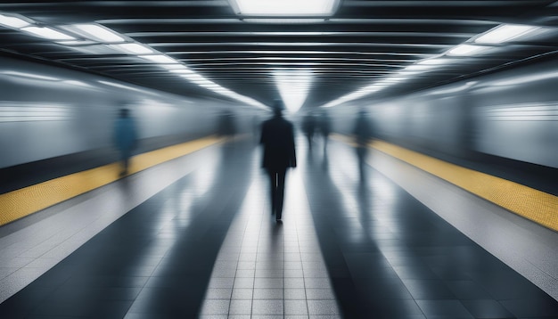 A blurred person walking through the subway system