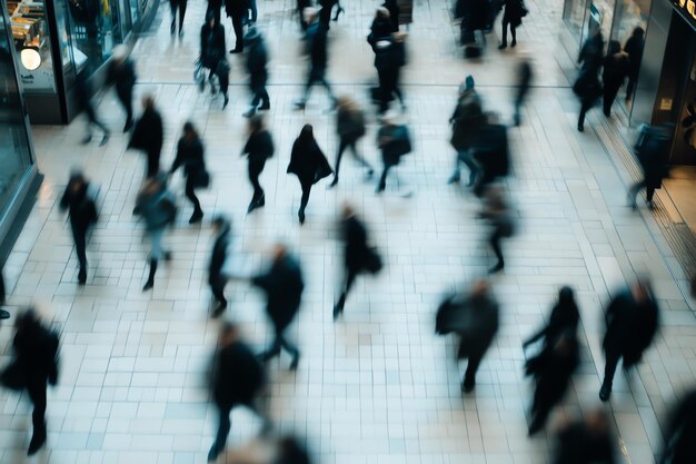 Photo a blurred perspective of people walking in a modern city setting