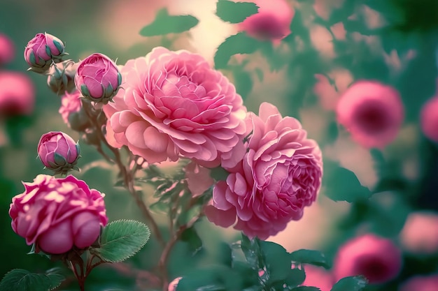 Blurred pink roses bloom in a rose garden in the backdrop Nature