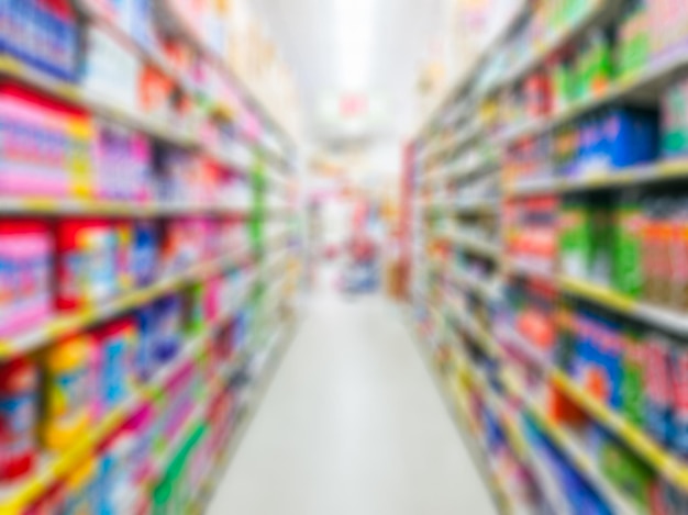 Blurred scene of aisle shelf colorful retail supermarket