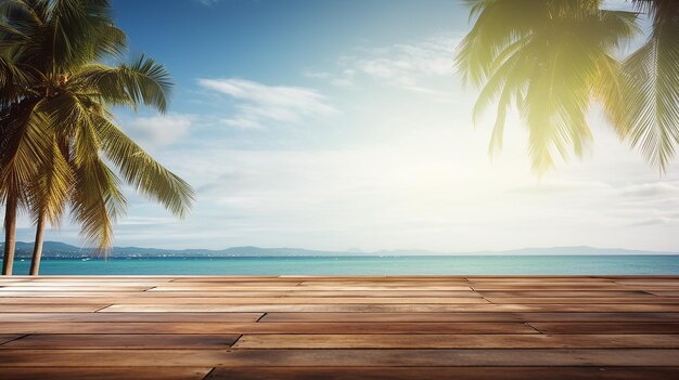 Blurred Seascape and Palm Tree on Wood Table