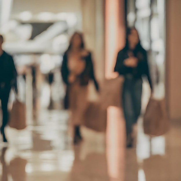 blurred shoppers with shopping bags in a modern shopping mall