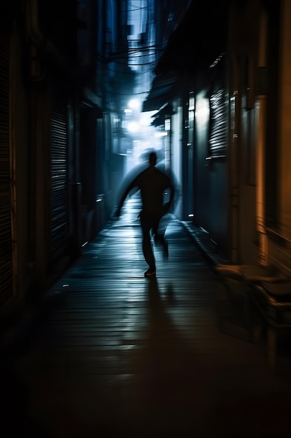 A blurred silhouette of a figure running through a dark alley Generative AI