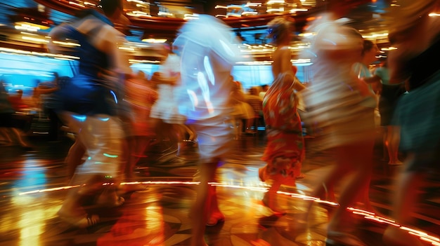 Blurred slow motion people dancing at cruise ship or at disco party