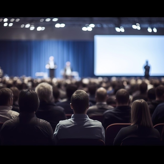 Blurred Speaker giving a talk at business meeting Rear view of Audience in the conference hall unre