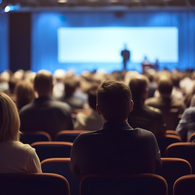 Blurred Speaker giving a talk at business meeting Rear view of Audience in the conference hall unre