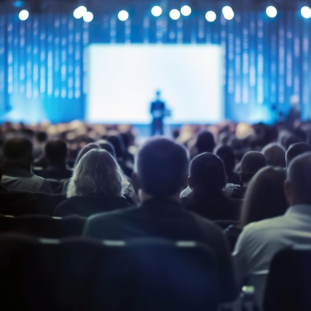 Blurred Speaker giving a talk at business meeting Rear view of Audience in the conference hall unre