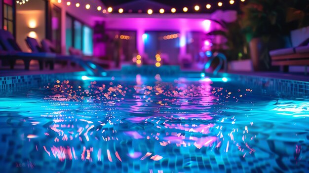 Photo blurred surface of swimming pool with bright lights reflecting on water at night