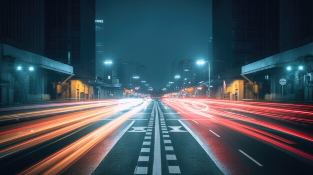 Blurred traffic light trails on road in symmetry Generative AI AIG21