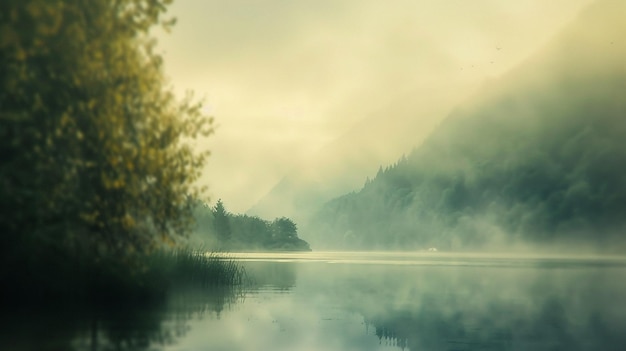 Blurred tranquil landscape with foggy day water and trees