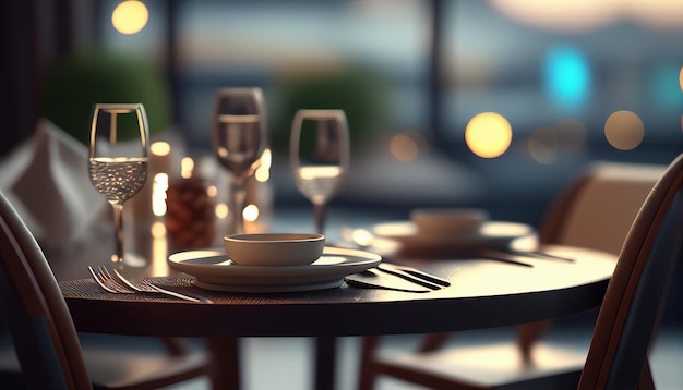 Blurred and unfocused restaurant table setting with cutlery background Generative AI