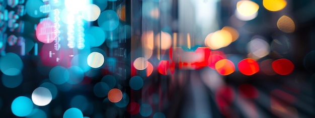 Photo blurred view of a cityscape at night showcasing the vibrant bokeh effect of city lights and possibly a digital stock market display