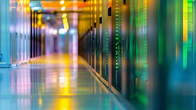 Photo blurred view of a data center with rows of server racks illuminated by blue and yellow led lights