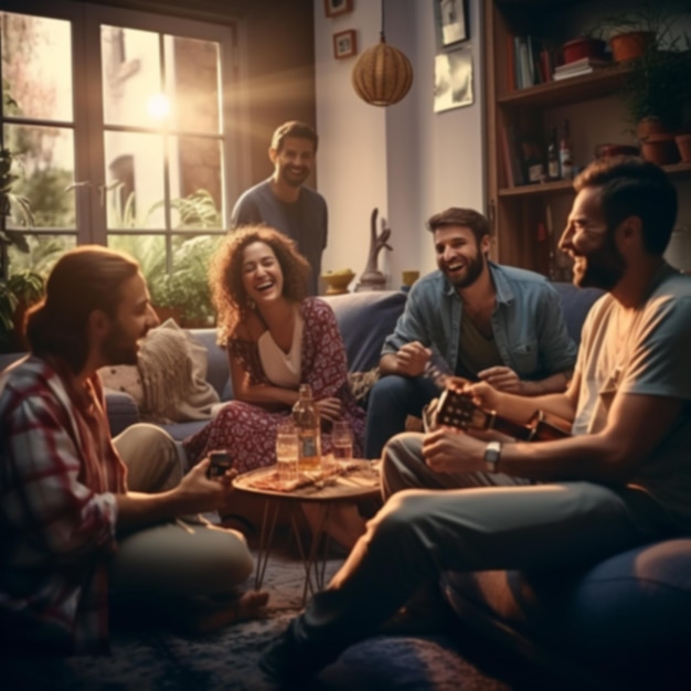 Blurred view of a group of friends hanging around at home with drinks enjoying music on a playlist