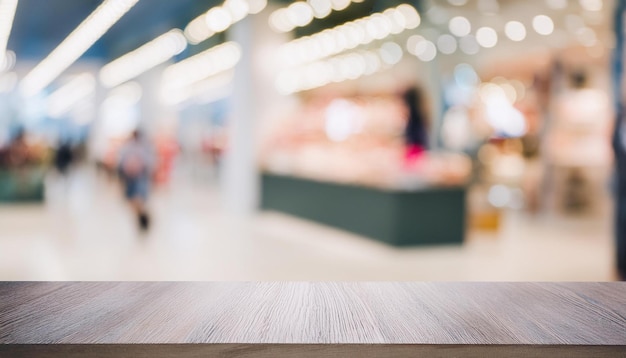 Photo blurred view of store interior supermarket or retail shop empty table top for product presentation