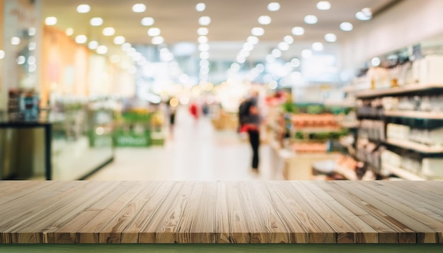 Photo blurred view of store interior supermarket or retail shop empty table top for product presentation