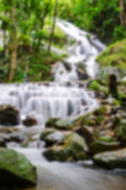 Blurred of waterfall with yellow leaf at Mae Kampong, Chiang Mai, Thailand in vertical view