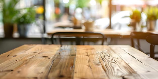 Blurred wood table with glass doors in a bright cafe setting Concept Coffee Shop Interior Glass Doors Wooden Table Blurred Background Bright Lighting