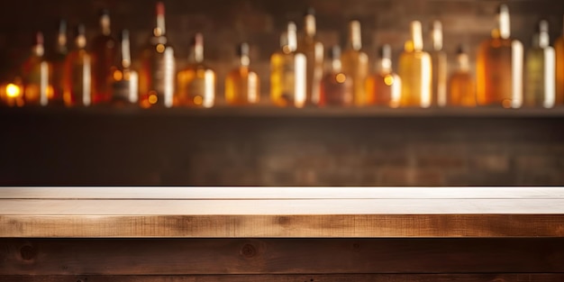 Photo blurry backdrop with empty wooden bar counter and bottles suitable for showcasing products