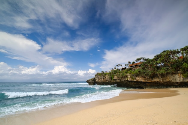 Blurry background of seascape at Drini Beach with dramatic cloud and sky in the morning