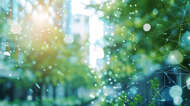 Photo a blurry blurred tech campus background with modern buildings and open spaces in shades of green blu