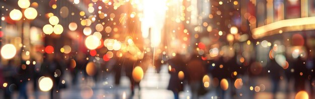 Photo blurry city street lights and people walking during sunset