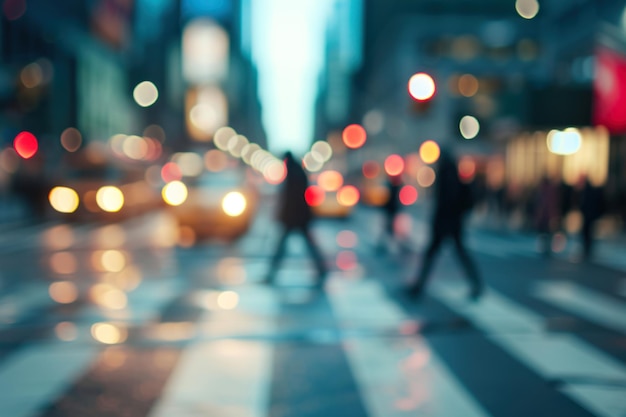 Blurry city street scene People crossing the street while the traffic light