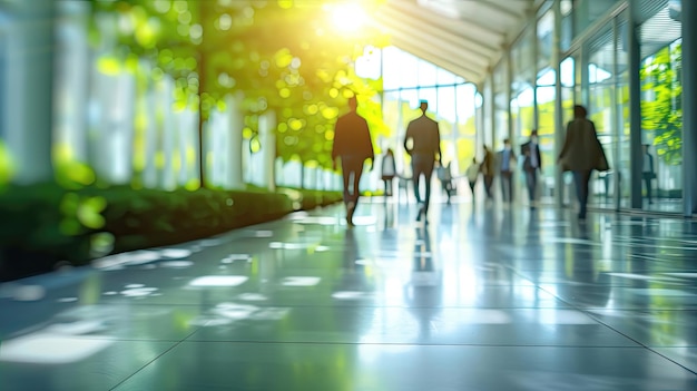 Blurry figures walking in a sunlit modern glass building with greenery