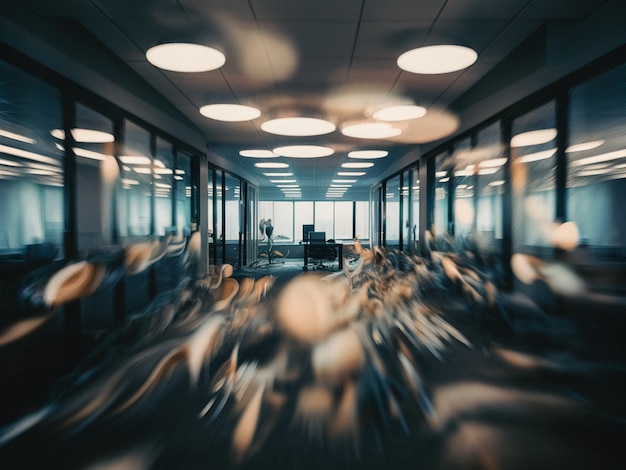 a blurry image of a conference room with a blurred background of chairs and a window