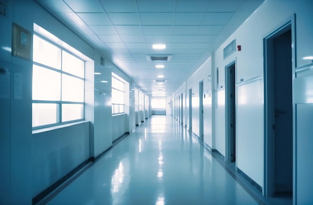 Blurry image of corridor in white hospital clinic