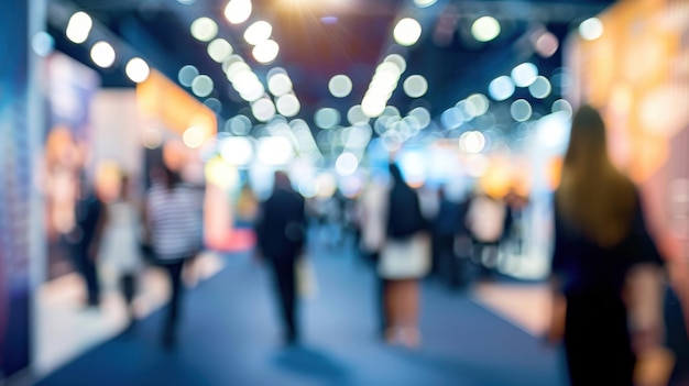 A blurry image of a crowded room with people walking around