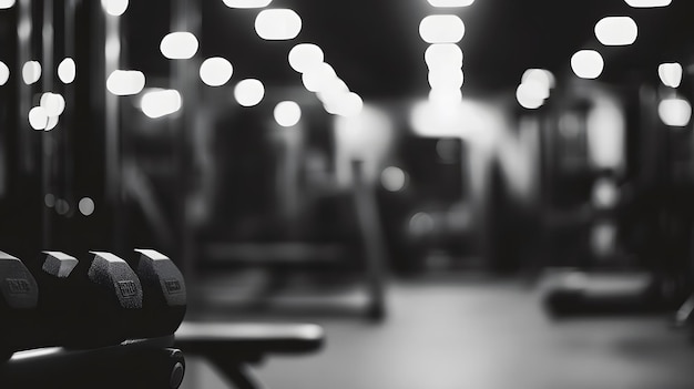 a blurry image of a gym with a parking meter and a blurry background of lights