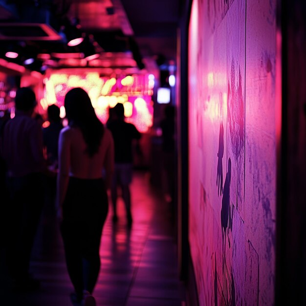 Photo a blurry image of people walking in a dark room with a pink light on the wall