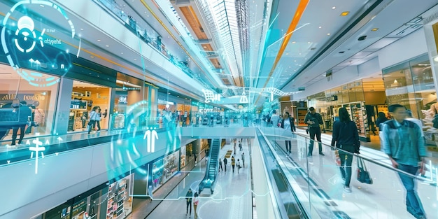 a blurry image of people walking down a hallway with a sign that says  escalator