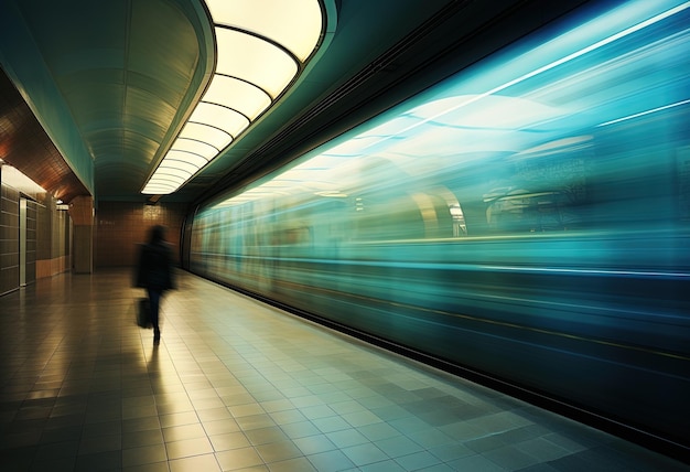 Photo a blurry image of a person walking in a subway station