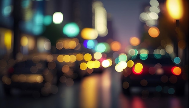 A blurry image of a street with a car and a green light