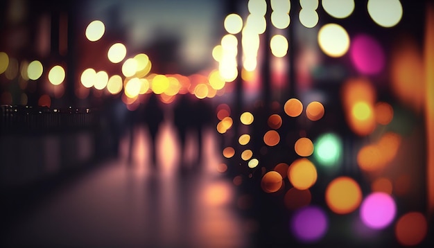 A blurry image of a street with lights and a blurry image of people