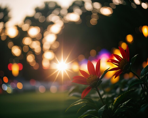 Photo a blurry image of a sunset with a red flower in the foreground