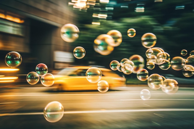 A blurry image of a yellow car with bubbles flying around it