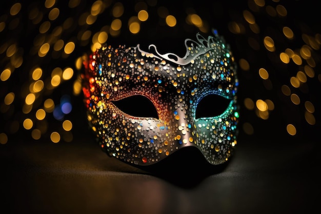 Blurry multicolored bokeh behind a silver carnival mask on a black background