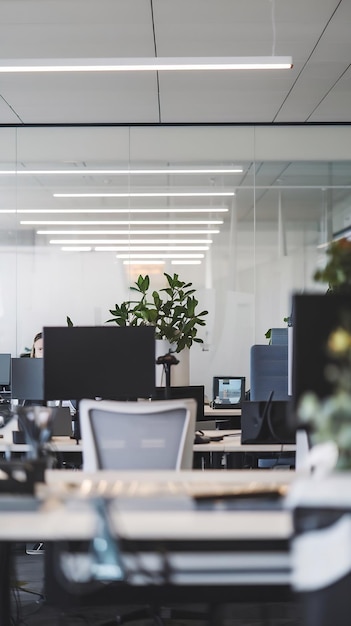 Blurry office interior with computer and glass wall business background