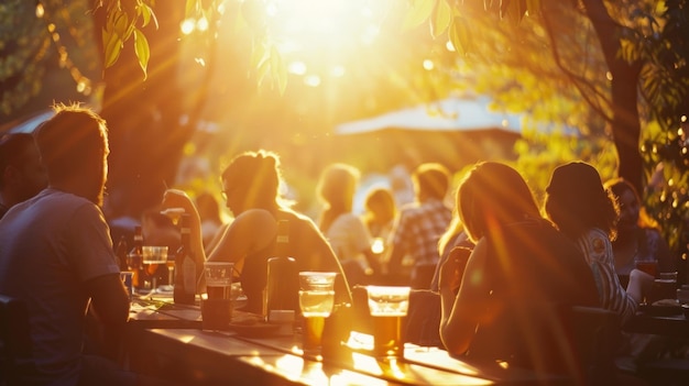 Photo blurry outlines of people enjoying a leisurely outdoor meal in the warm su