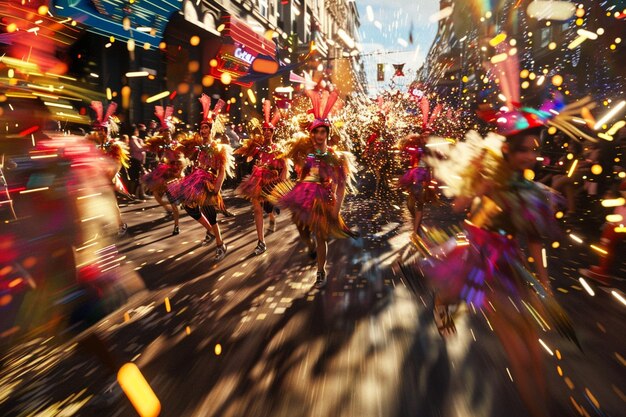 a blurry photo of people in colorful costumes and dancing in the street