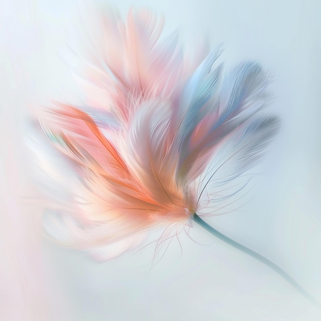 A blurry photo of a swirling flower with a long stem white background soft blue salmon pink and s